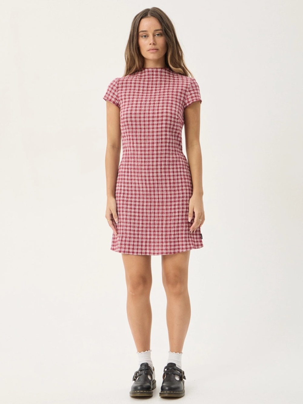 Afends Elodie Seersucker Mini Dress in Base Burgundy Check